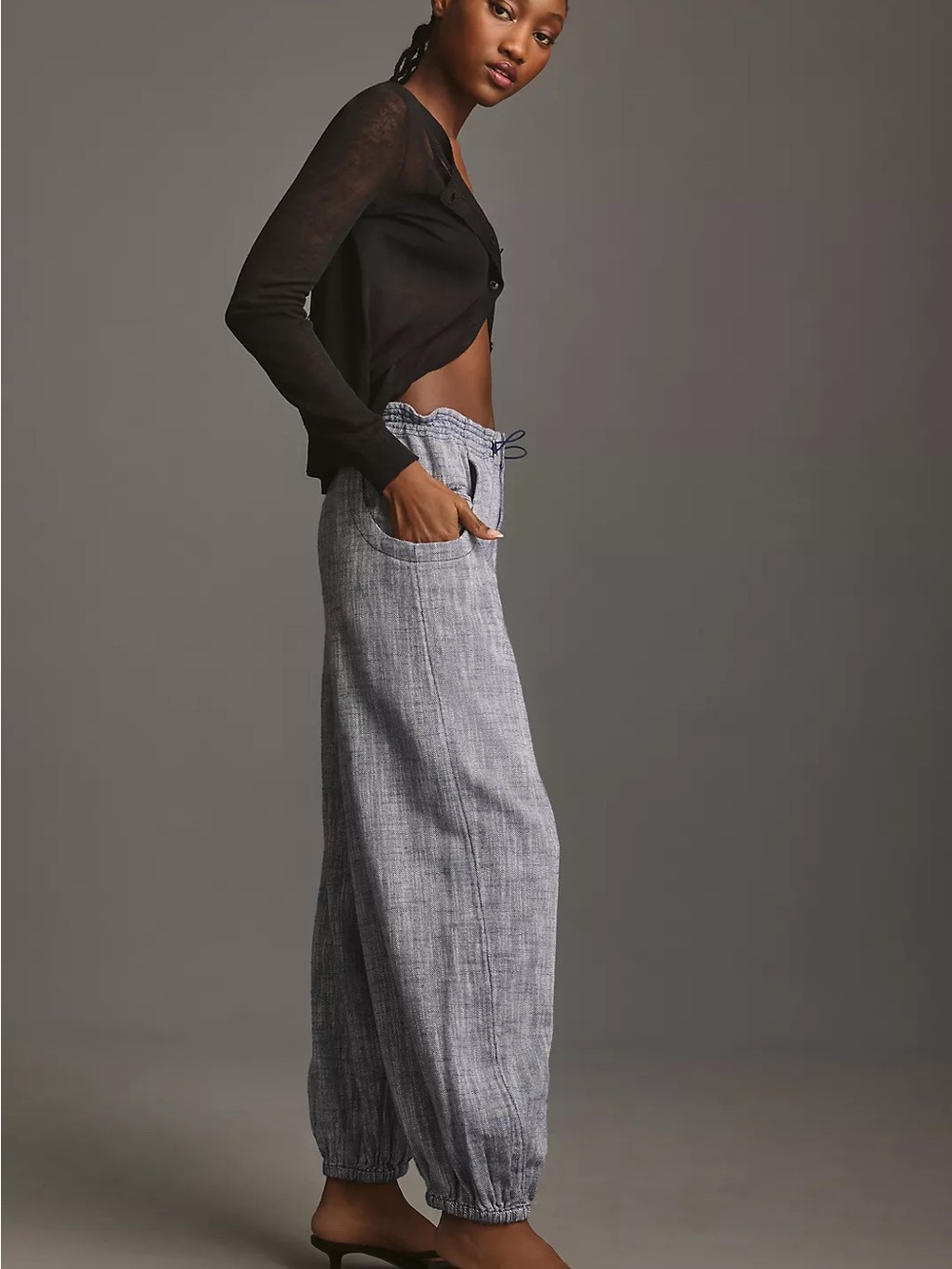 Anthropologie Wide-Leg Drawstring Hem Pants in Heathered Gray - Picture 3 of 13